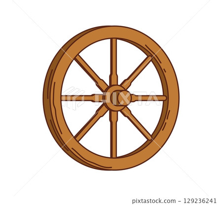 Cartoon groovy wild west western wooden wagon wheel with eight spokes, rustic and vintage old west transportation item. Isolated vector classic wood wheel symbolizes movement, adventure and tradition 129236241