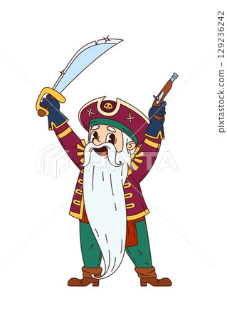Cartoon groovy pirate character. Isolated vector sea corsair sailor or captain retro personage with long white beard, holding saber and flintlock gun, ready for high seas adventures and treasure hunts 129236242