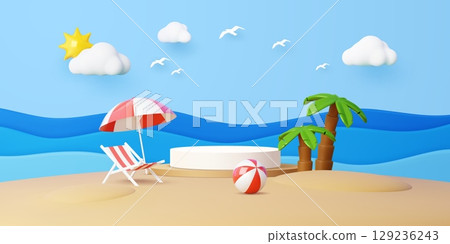 Summer beach podium stage with palms and chaise longue. 3d vector playful cartoon vacation scene with deck chair, striped umbrella, ball, blue waves, fluffy clouds, birds, sun and round display stage Summer beach podium stage with palms and chaise longue. 3d vector playful cartoon vacation scene with deck chair, striped umbrella, ball, blue waves, fluffy clouds, birds, sun and round display stage 129236243