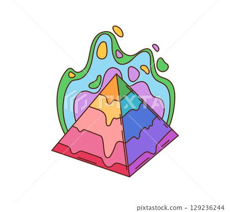 Retro psychedelic pyramid hippie groovy symbol. Magic and religion cartoon vintage vector symbol, illuminati mystic knowledge groovy 80s symbol. Egyptian pyramid funky retro icon or hippie 60s print Retro psychedelic pyramid hippie groovy symbol. Magic and religion cartoon vintage vector symbol, illuminati mystic knowledge groovy 80s symbol. Egyptian pyramid funky retro icon or hippie 60s print 129236244