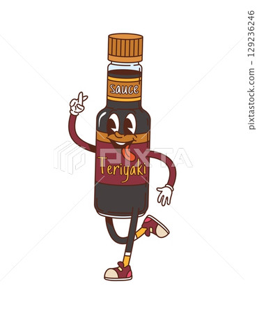 Cartoon groovy teriyaki sauce bottle character with cheerful smile, tongue out and crossed finger gesture. Vector retro food personage with funky y2k nostalgic vibes. Vintage condiment snack packaging Cartoon groovy teriyaki sauce bottle character with cheerful smile, tongue out and crossed finger gesture. Vector retro food personage with funky y2k nostalgic vibes. Vintage condiment snack packaging 129236246