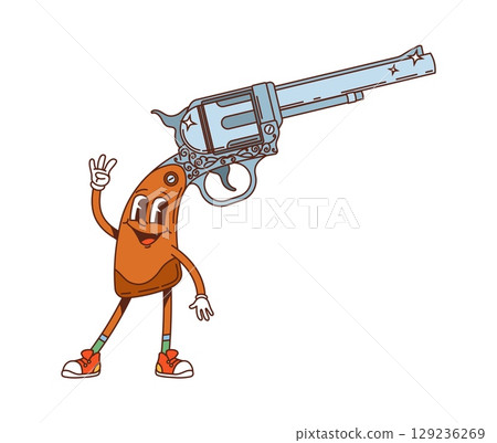 Cartoon groovy Wild West or Western character of retro revolver gun, vector funny face. Wild West groovy character of funky gun with smile, Western sheriff or robber pistol and Texas bandit shotgun 129236269