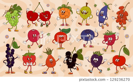 Cartoon groovy berry characters of retro hippie fruits and flowers. Vector psychedelic farm berry personages, cute cherry, strawberry, grapes and raspberry. Funky groovy cranberry, rosehip characters 129236270