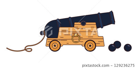 Cartoon groovy pirate cannon weapon with a black metal barrel mounted on a wooden wheeled carriage, accompanied by cannonballs. Vector vintage artillery gun for , historical battle or naval adventure 129236275
