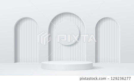 White podium stage with arch gates. 3d vector circular platform with arched alcoves and a floating round panel. Clean, contemporary studio for product presentation, branding and commercial displays White podium stage with arch gates. 3d vector circular platform with arched alcoves and a floating round panel. Clean, contemporary studio for product presentation, branding and commercial displays 129236277