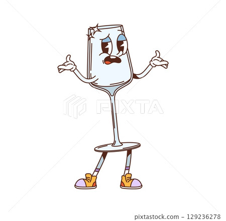 Cartoon groovy wine glass, kitchenware character. Restaurant alcohol drink glassware funky 80s vector personage, bar beverage goblet groovy retro character. Wine glass sad or disappointed mascot Cartoon groovy wine glass, kitchenware character. Restaurant alcohol drink glassware funky 80s vector personage, bar beverage goblet groovy retro character. Wine glass sad or disappointed mascot 129236278