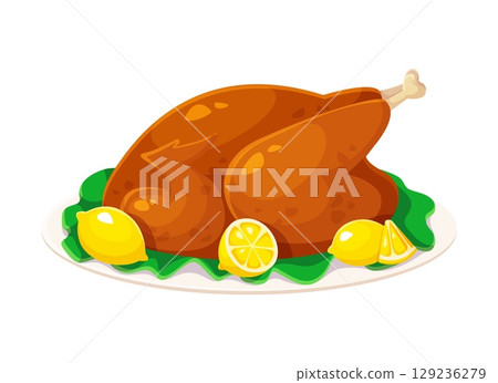 Cartoon roasted turkey served on plate with lettuce leaves and whole lemon fruits, food for happy Thanksgiving holiday celebration. Isolated vector festive meal, symbol of harvest and family gathering Cartoon roasted turkey served on plate with lettuce leaves and whole lemon fruits, food for happy Thanksgiving holiday celebration. Isolated vector festive meal, symbol of harvest and family gathering 129236279