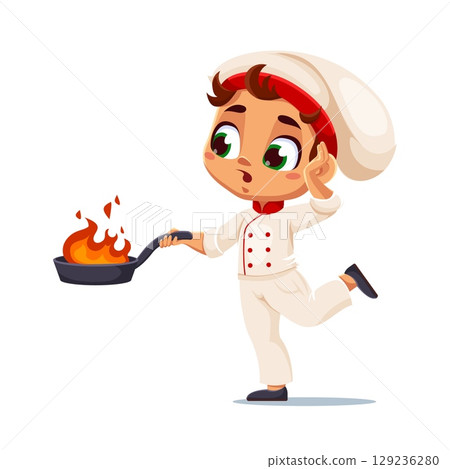 Kid cook chef, cooking child in toque. Adorable cartoon vector boy restaurant chef character cooking a meal with a flaming pan, wearing a white uniform and toque hat, posed in surprise on one foot 129236280