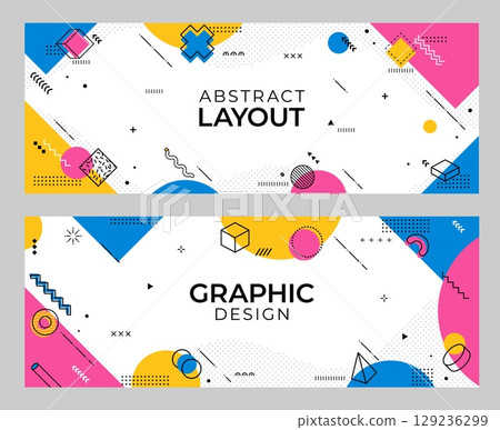 Abstract banners with geometric Memphis pattern of modern trendy shapes, vector backgrounds. Memphis banner layouts with geometric figures, color elements and minimal isometric pattern design 129236299