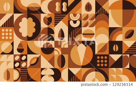Nuts and legumes geometric pattern background, vector abstract mosaic tile. Modern geometric pattern of walnut, hazelnut and cashew nut with coffee bean and almond or acorn mosaic shapes background Nuts and legumes geometric pattern background, vector abstract mosaic tile. Modern geometric pattern of walnut, hazelnut and cashew nut with coffee bean and almond or acorn mosaic shapes background 129236314