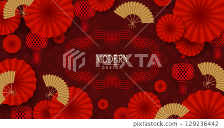 Exquisite red card with Chinese fan and isolated figured frame 129236442