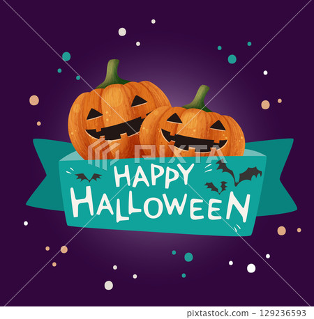 可愛手繪風格Jack-o'-lantern南瓜燈與標籤，萬聖節橫幅海報廣告宣傳單背景向量素材圖片。 129236593