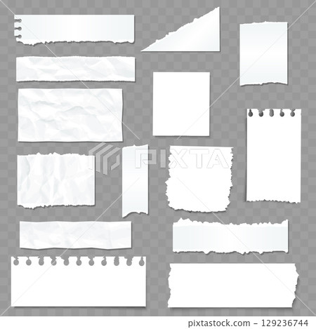Set of White Realistic Torn Paper Notes. Ripped Edges. Vector Set of White Realistic Torn Paper Notes. Ripped Edges. Vector 129236744