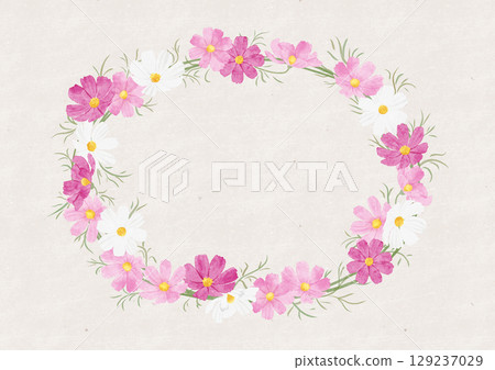 具有再生紙風格背景的三色宇宙花環，水彩畫風格 129237029