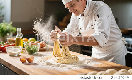 Professional chef stretching fresh pasta dough on floured table in kitchen with ingredients like eggs, oil, and vegetables around. 129237099