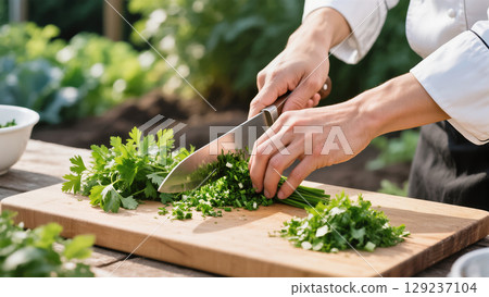 Chef slicing fresh green herbs on wooden cutting board outdoors in garden, preparing ingredients for healthy meal. 129237104