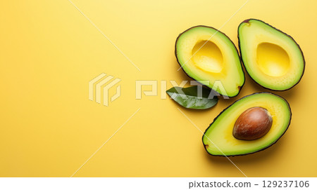 Fresh ripe avocado halves with seed and green leaf on vibrant yellow background, showcasing tropical fruit concept. 129237106