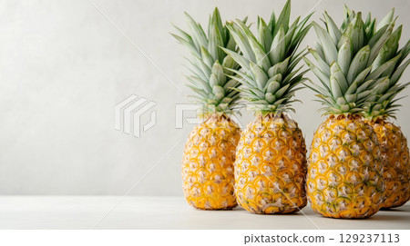 Group of whole ripe pineapples standing on white surface against light background, tropical fruit display with fresh texture. 129237113