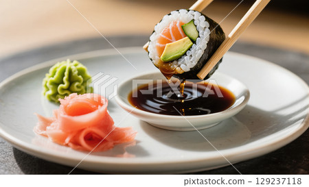 Sushi roll with salmon, avocado, and cucumber held by chopsticks above soy sauce, served with wasabi and pickled ginger. 129237118