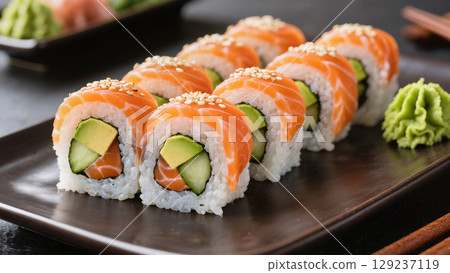 Fresh salmon sushi rolls with avocado and cucumber topped with sesame seeds, served on dark plate with wasabi garnish. 129237119