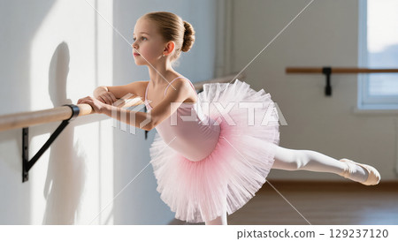 Young girl in pink tutu practicing ballet pose at barre in dance studio with sunlight and mirror reflections. 129237120