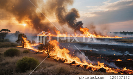 Massive grassland wildfire spreading rapidly at sunset with intense flames, thick smoke and scorched earth under dramatic sky Massive grassland wildfire spreading rapidly at sunset with intense flames, thick smoke and scorched earth under dramatic sky 129237122