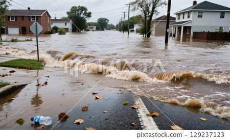 Severe urban flooding with rising water levels submerging streets and homes after heavy rainfall in residential neighborhood 129237123
