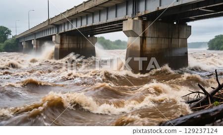 Raging floodwaters crashing against concrete bridge pillars during severe storm, muddy river waves rising dangerously high Raging floodwaters crashing against concrete bridge pillars during severe storm, muddy river waves rising dangerously high 129237124
