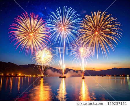Fireworks shining against the night view of the mountains and sea | A fantastic summer landscape reflected on the water surface Fireworks shining against the night view of the mountains and sea | A fantastic summer landscape reflected on the water surface 129237151
