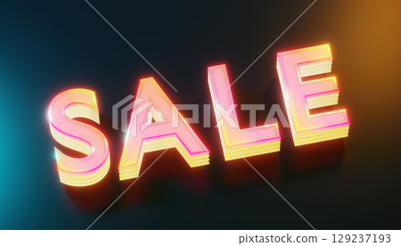 3d renndering glassy pink and yellow layered sale sign shining on reflective surface 129237193