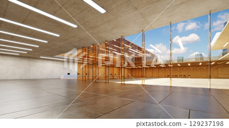 3d rendering modern empty building lobby opening into courtyard with city view 3d rendering modern empty building lobby opening into courtyard with city view 129237198