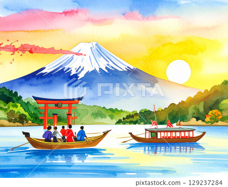 富士山生成AI水彩背景 富士山生成AI水彩背景 129237284