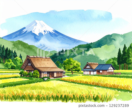 Mt. Fuji generation AI watercolor background 129237289