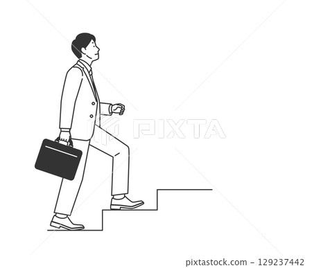 Line drawing illustration of a businessman going up the stairs Line drawing illustration of a businessman going up the stairs 129237442