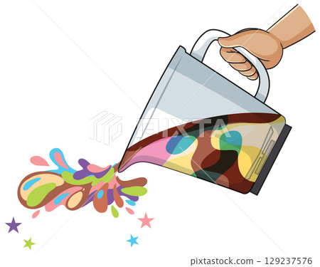 Hand Pouring Colorful Liquid from Transparent Pitcher 129237576