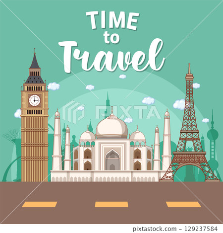 World Landmarks Travel Illustration with Iconic Structures 129237584