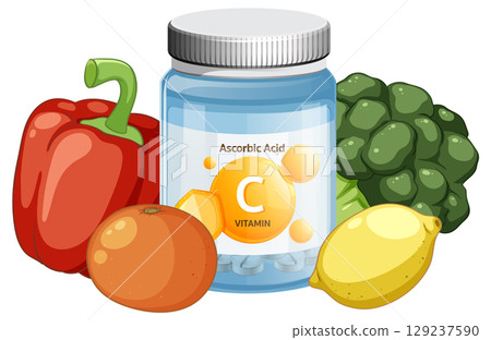 Vitamin C Supplement Bottle with Fresh Fruits and Vegetables Vitamin C Supplement Bottle with Fresh Fruits and Vegetables 129237590