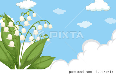 Lily of the Valley Flowers Against Blue Sky Background Lily of the Valley Flowers Against Blue Sky Background 129237613