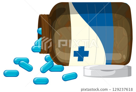 Blue Capsules Spilling From Medicine Bottle Illustration 129237618