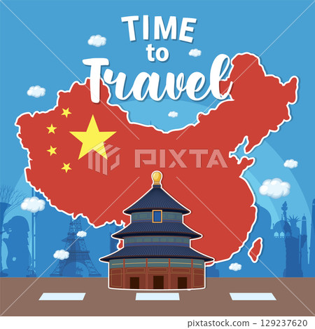 China Travel Illustration with Landmark and Map 129237620