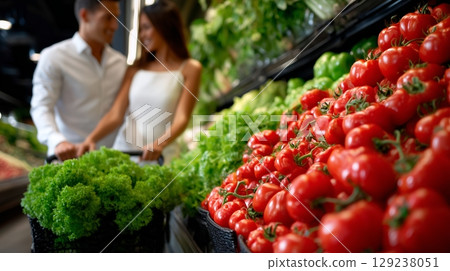 Shoppers navigating grocery store aisle, pushing cart laden with fresh lettuce and ripe tomatoes, exploring colorful produce section with enthusiasm 129238051