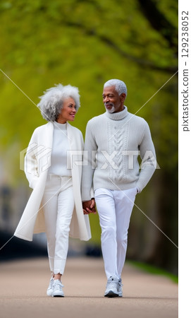 Stylish older African American couple wearing white attire, walking hand in hand and smiling through lush green park during bright spring afternoon, radiating love and companionship 129238052