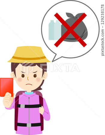 A female hiker gives a red card to trash 129238178