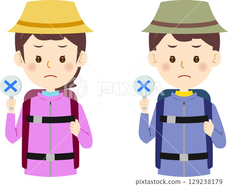 Men and women climbing mountains putting up signs of "X" 129238179