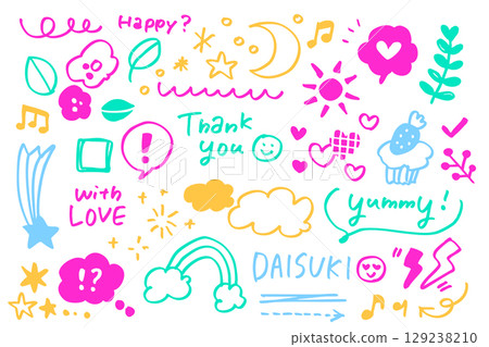 彩色手繪感謝塗鴉 | 謝謝、愛、音符和彩虹流行材料 彩色手繪感謝塗鴉 | 謝謝、愛、音符和彩虹流行材料 129238210
