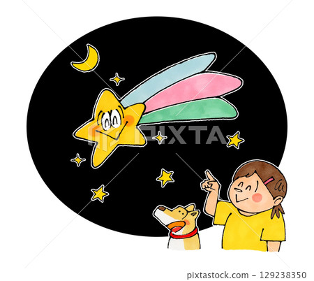 Girl, dog, shooting star character Girl, dog, shooting star character 129238350