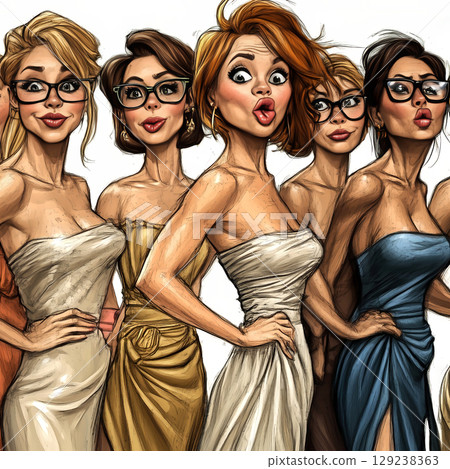 Caricature of actresses posing on red carpet at award ceremony 129238363