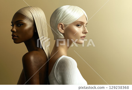 Two fashion models posing back to back with platinum blonde hair 129238368