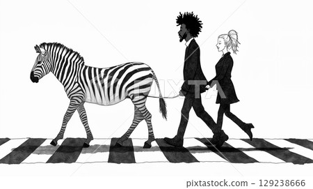Couple walking zebra on pedestrian crossing 129238666