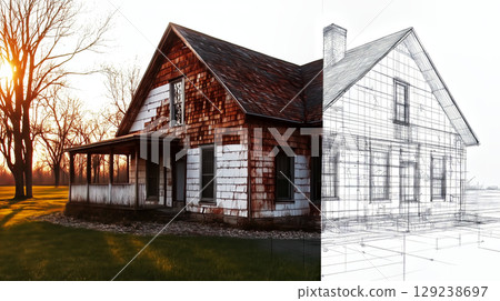 Custom house renovation project showing before and after states with architectural drawing at sunset Custom house renovation project showing before and after states with architectural drawing at sunset 129238697
